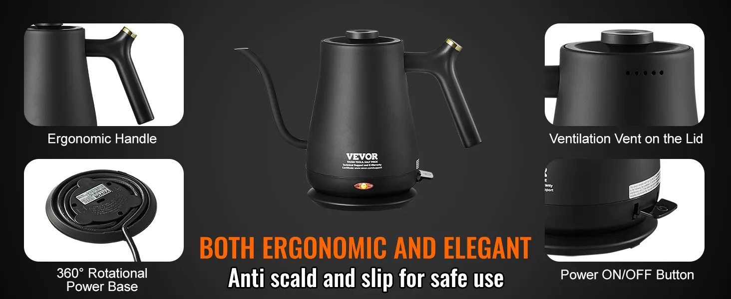 VEVOR electric gooseneck kettle with ergonomic handle, 360° rotational power base, and ventilation vent.