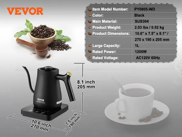 Hervidor de agua eléctrico de cuello de cisne VEVOR, negro, 1 l, 1200 W, SUS304, 10,6 x 7,5 x 8,1 pulgadas, modelo PY0805-WD