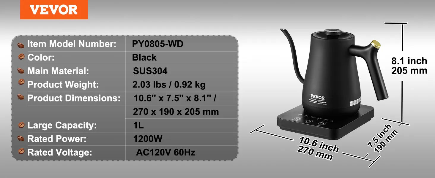 Hervidor de agua eléctrico de cuello de cisne VEVOR, negro, 1 l, 1200 W, SUS304, 10,6 x 7,5 x 8,1 pulgadas, modelo PY0805-WD