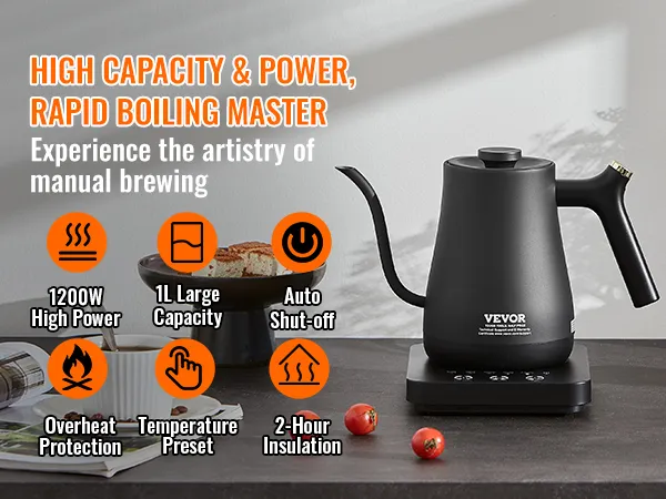 Hervidor de cuello de cisne eléctrico VEVOR con 1200 W de potencia, 1 l de capacidad, apagado automático y ajustes de temperatura preestablecidos.