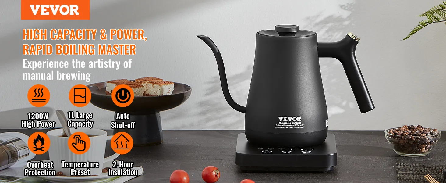 Hervidor de cuello de cisne eléctrico VEVOR con 1200 W de potencia, 1 l de capacidad, apagado automático y ajustes de temperatura preestablecidos.