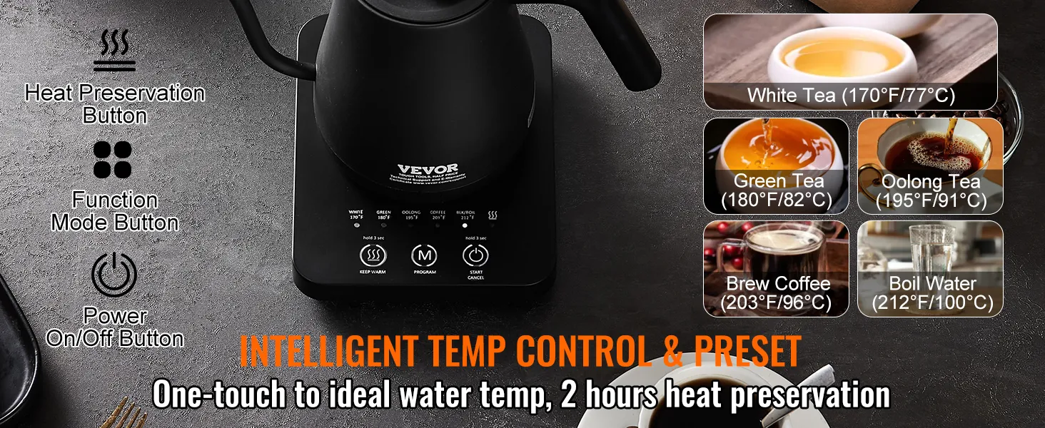 Hervidor de cuello de cisne eléctrico VEVOR con control de temperatura, ajustes preestablecidos para té y café y funciones de conservación del calor.