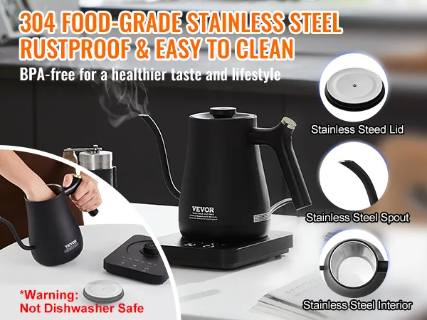 Hervidor eléctrico de cuello de cisne VEVOR, acero inoxidable 304, sin BPA, a prueba de óxido, fácil de limpiar, no apto para lavavajillas.