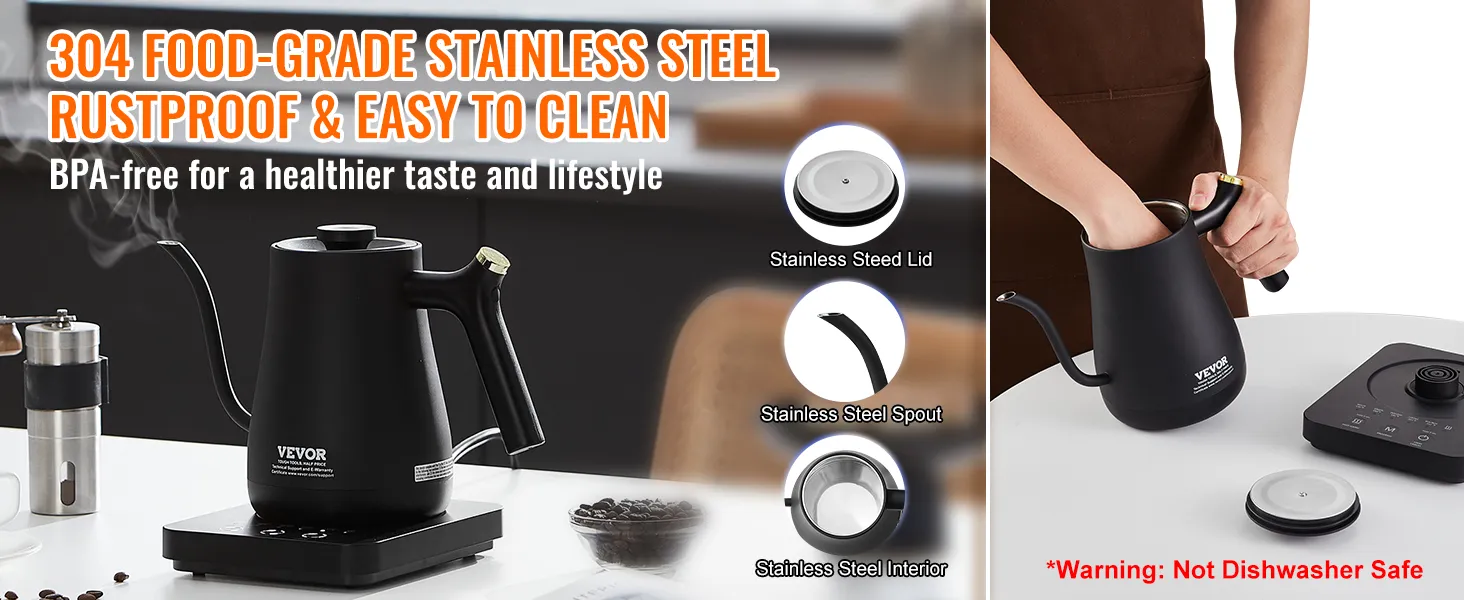Hervidor eléctrico de cuello de cisne VEVOR, acero inoxidable 304, sin BPA, a prueba de óxido, fácil de limpiar, no apto para lavavajillas.