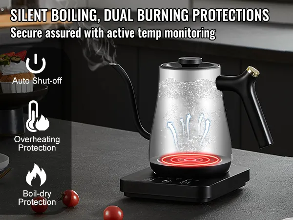 Hervidor de cuello de cisne eléctrico VEVOR con doble protección contra quemado, apagado automático y protección contra sobrecalentamiento.