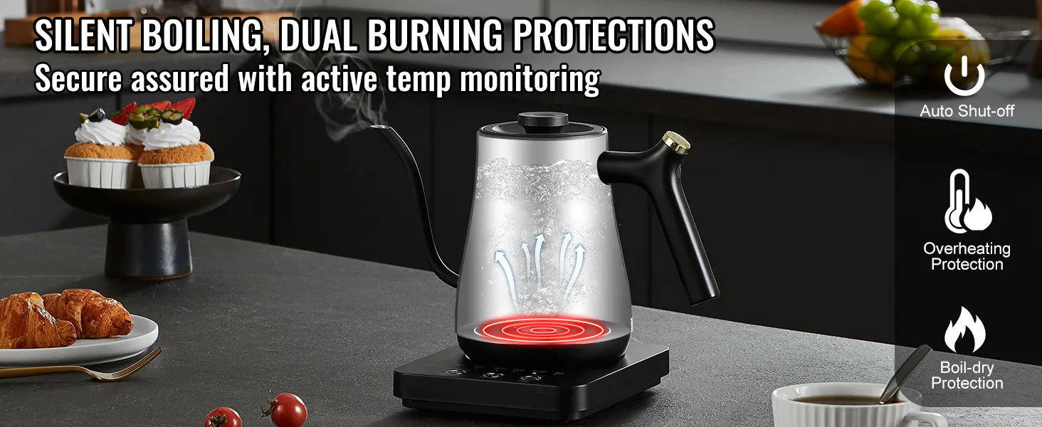 Hervidor de cuello de cisne eléctrico VEVOR con doble protección contra quemado, apagado automático y protección contra sobrecalentamiento.