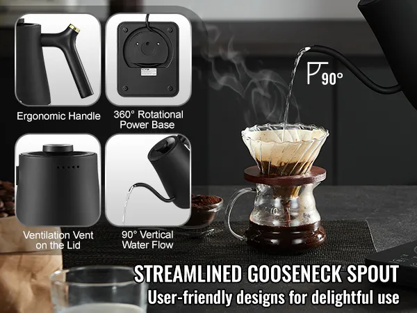 El hervidor eléctrico de cuello de cisne VEVOR cuenta con un mango ergonómico, una base de alimentación de 360° y un pico de vertido preciso.