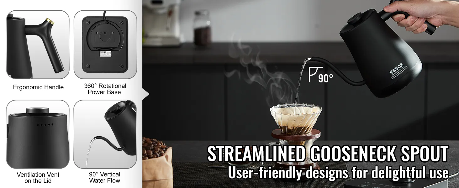 El hervidor eléctrico de cuello de cisne VEVOR cuenta con un mango ergonómico, una base de alimentación de 360° y un pico de vertido preciso.