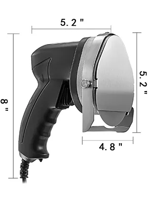 Zwart en zilver VEVOR elektrisch shawarma mes met afmetingen in inches.