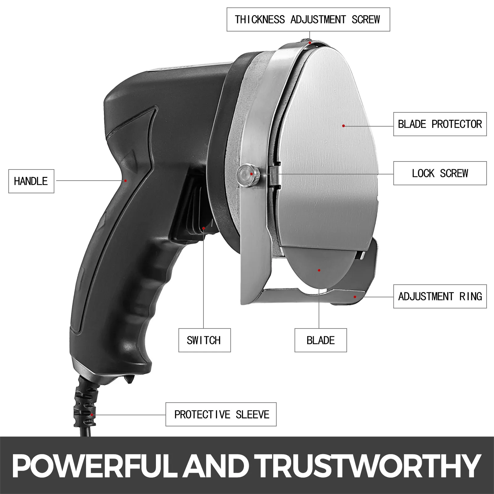VEVOR elektrisch shoarma mes met gelabelde onderdelen, waaronder handvat en lemmet.