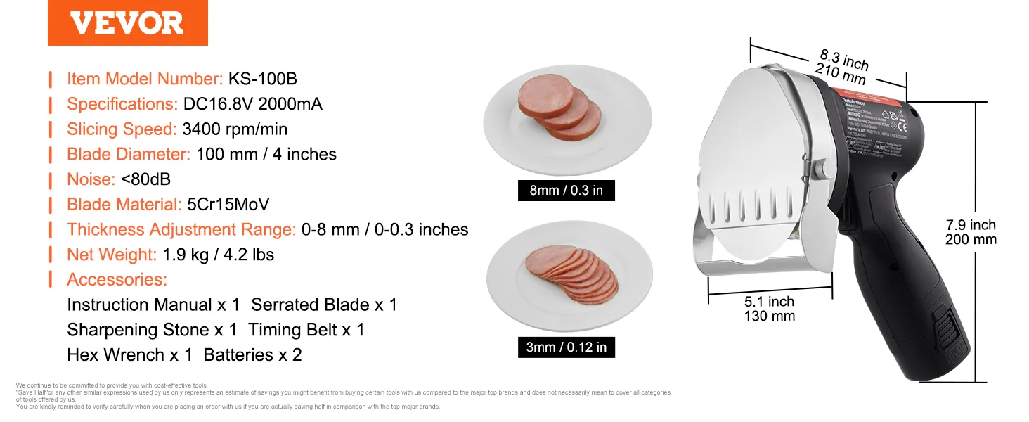 Coltello elettrico per shawarma VEVOR ks-100b, 3400 giri/min, lama da 100 mm, spessore regolabile, peso leggero 1,9 kg.