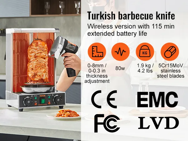 Coltello elettrico shawarma VEVOR per affettare la carne con coltello da barbecue turco senza fili, dotato di batteria con durata di 115 minuti.