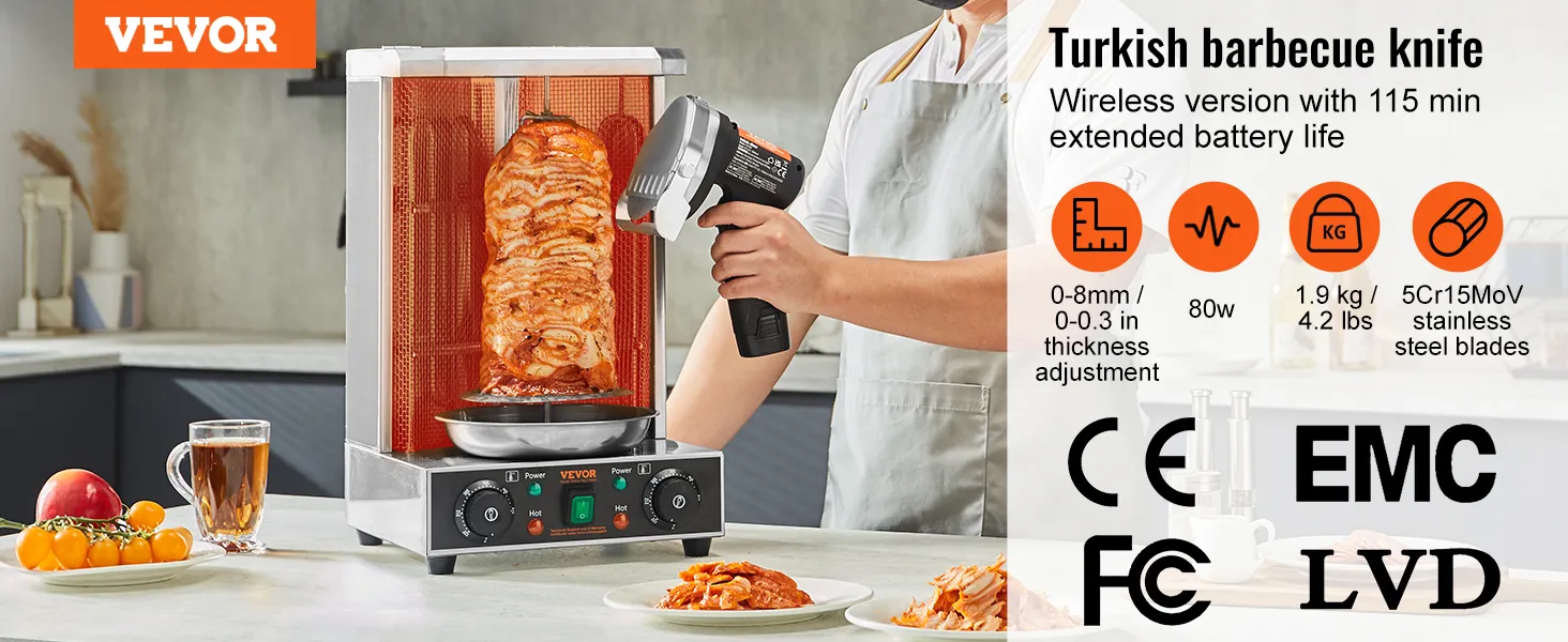 Coltello elettrico shawarma VEVOR per affettare la carne con coltello da barbecue turco senza fili, dotato di batteria con durata di 115 minuti.