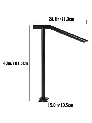 VEVOR step railing with dimensions: 40in height, 28.1in length, and 5.3in base width.