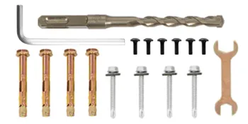 VEVOR step railing installation hardware: anchoring bolts, screws, wrench, and drill bit.