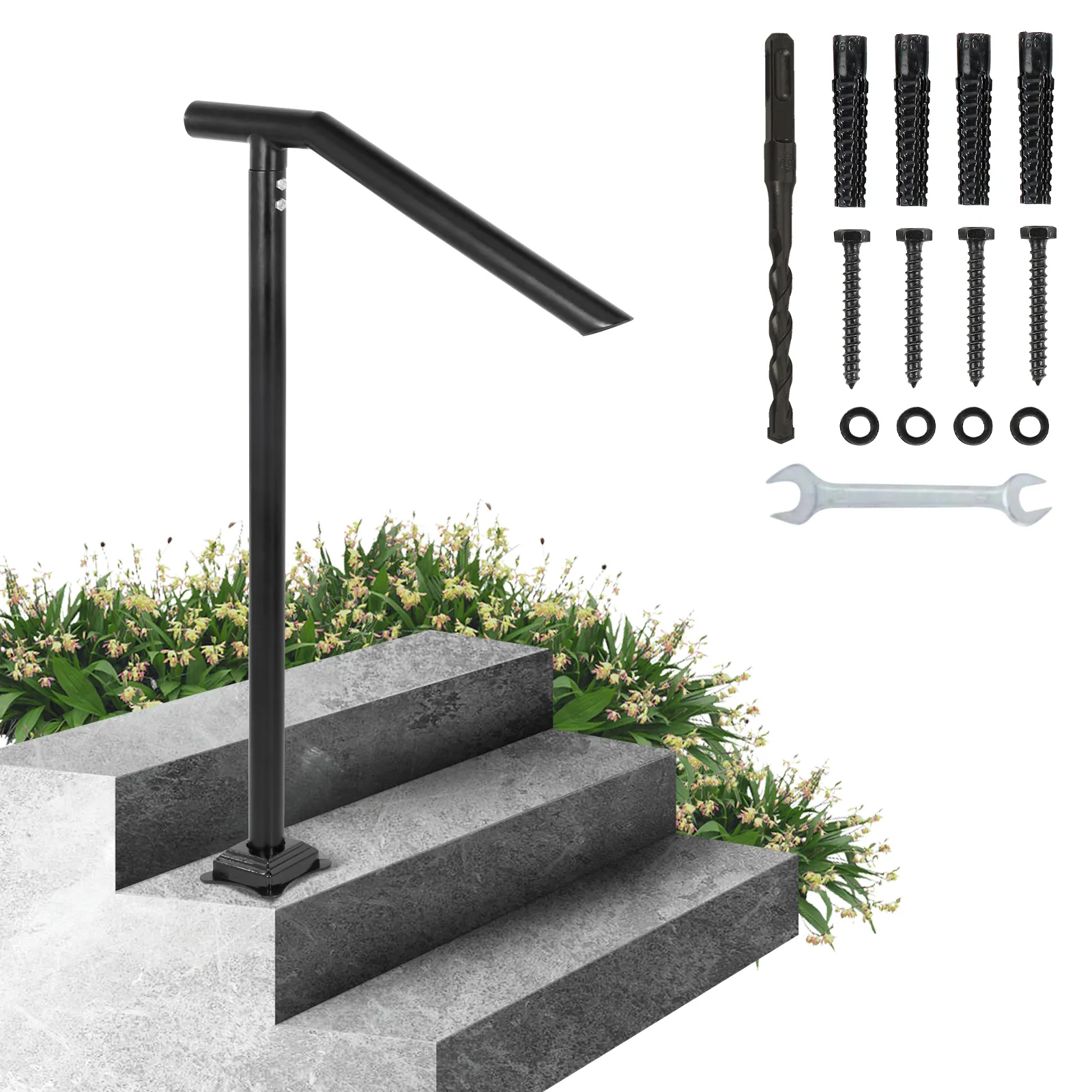 black VEVOR step railing beside stone steps with included hardware and tool set.