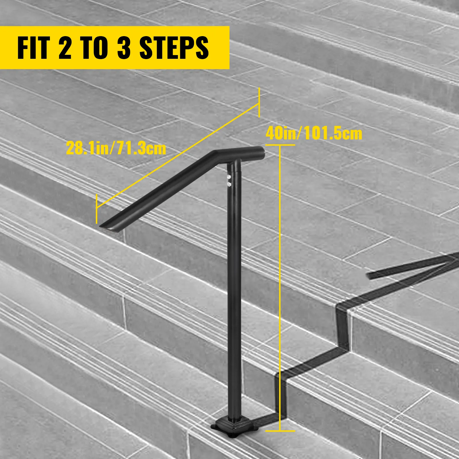 VEVOR step railing for 2-3 steps, dimensions labeled in yellow text.