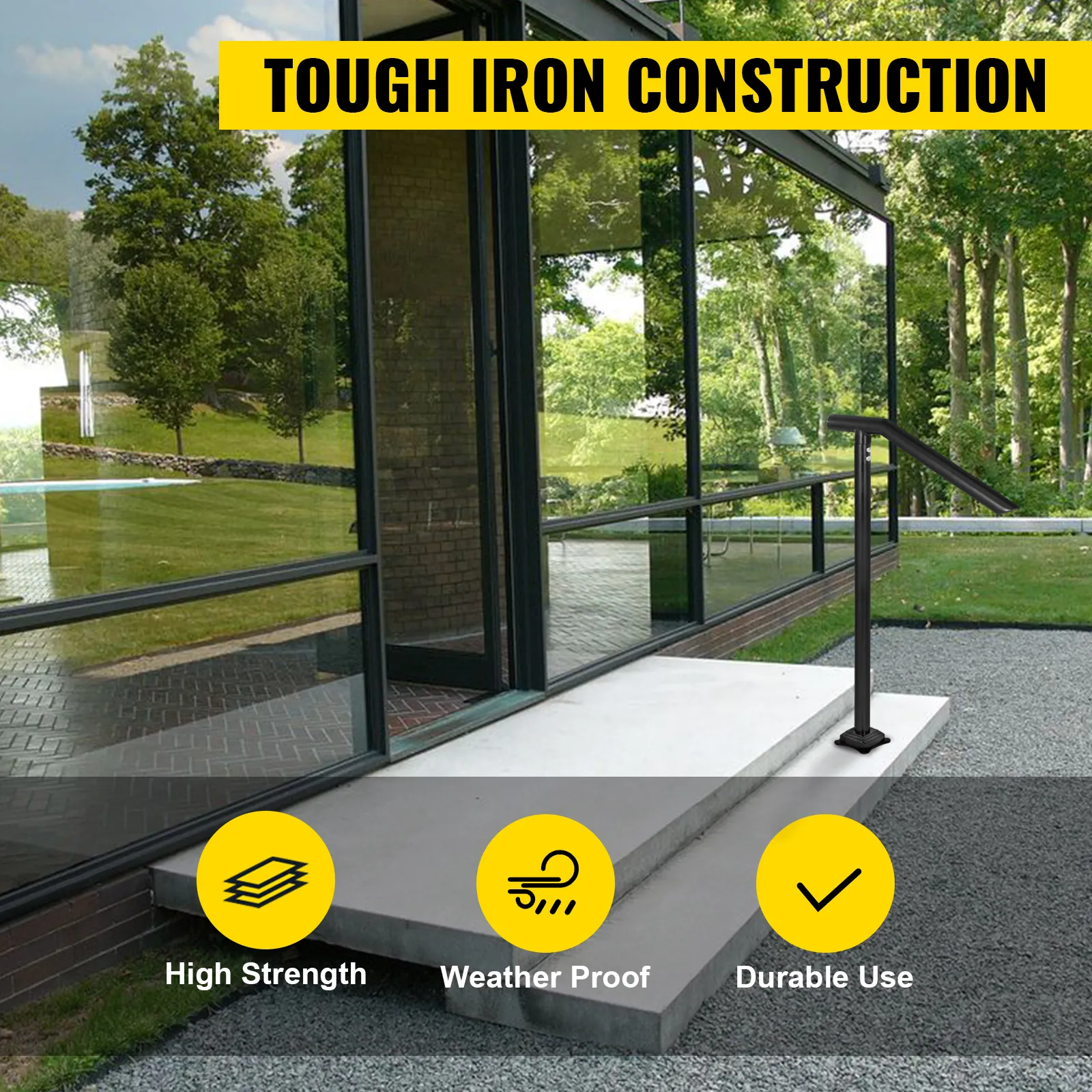 VEVOR step railing on outdoor steps beside glass building with garden view.