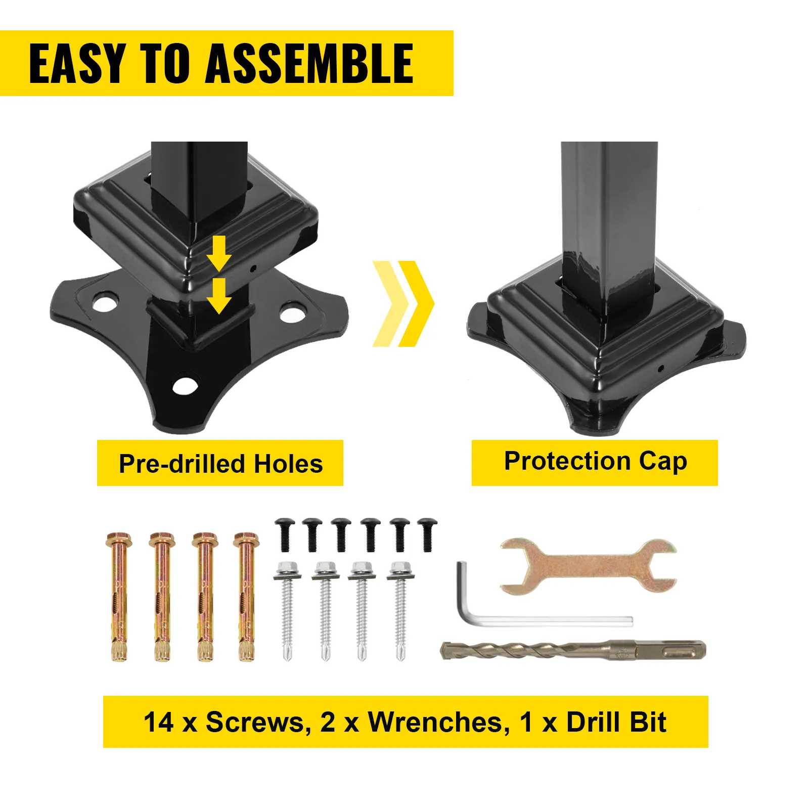 VEVOR step railing assembly guide with pre-drilled holes and protection cap, tools included.