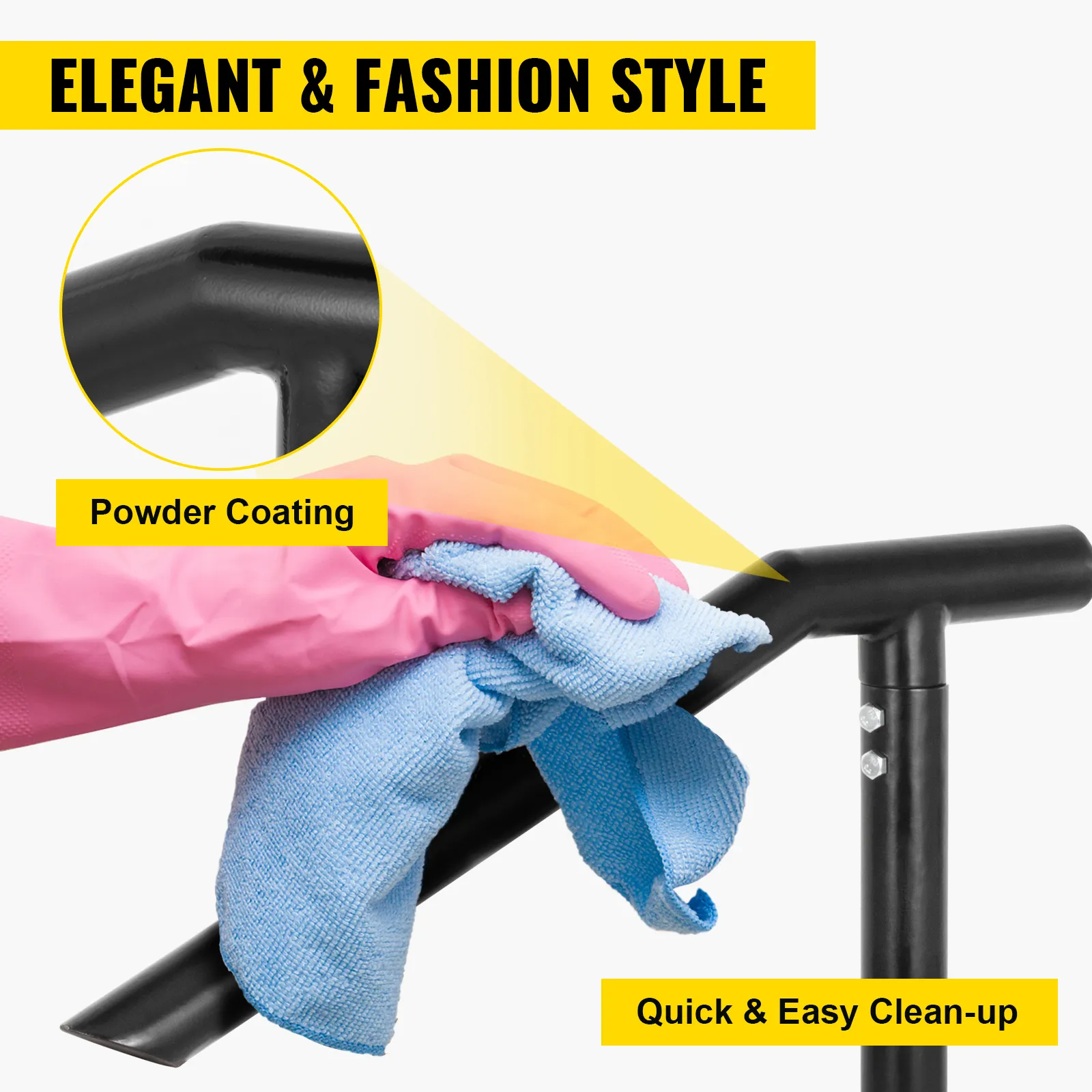 cleaning VEVOR step railing with gloved hand and blue cloth, showcasing powder coating.