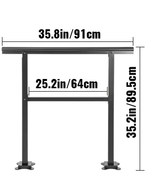 Maße des VEVOR-Handlaufs für den Außenbereich: 35,8 Zoll Breite, 25,2 Zoll Mitte, 35,2 Zoll Höhe.