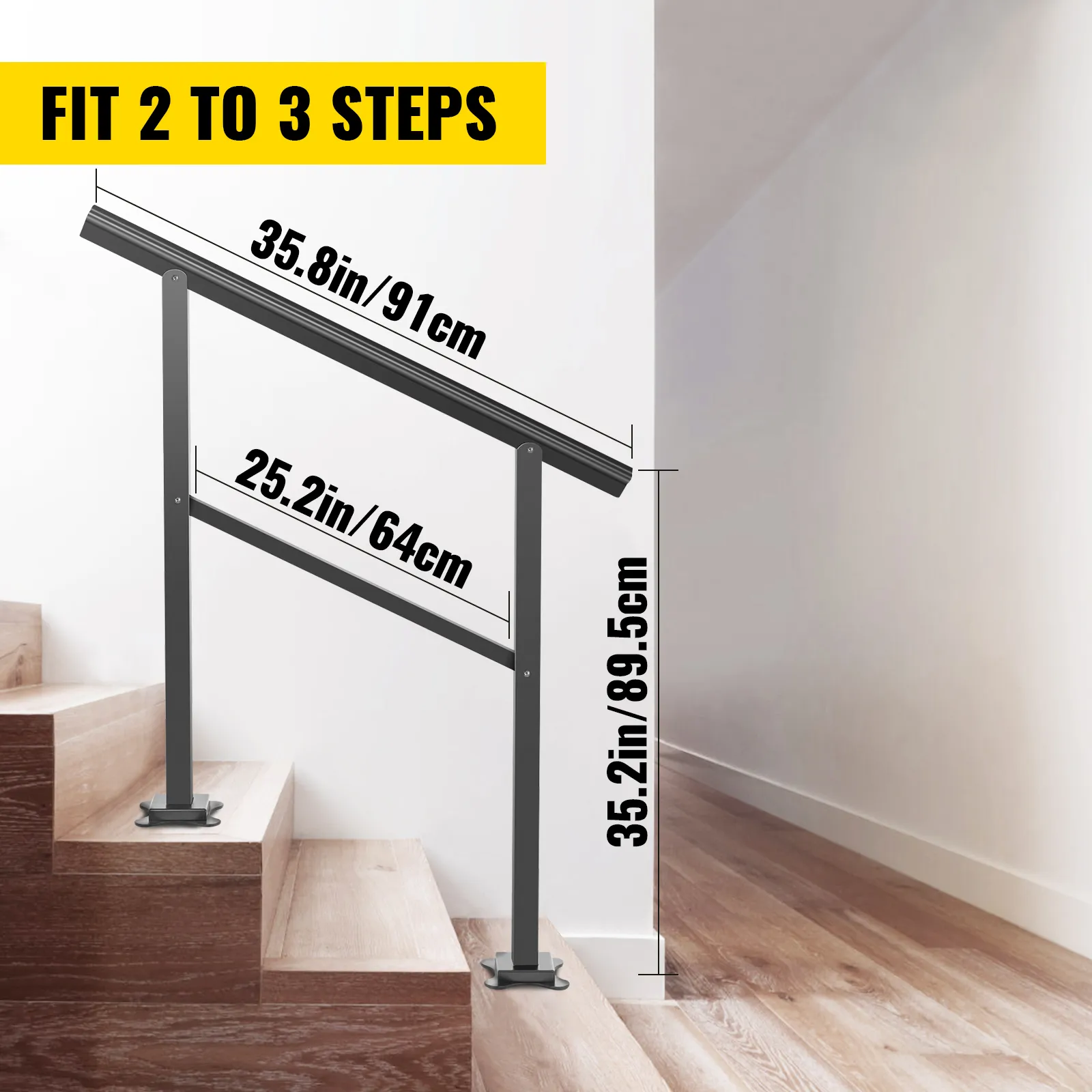 VEVOR Außenhandlauf für 2 bis 3 Stufen, schwarz, mit abgebildeten Maßen.