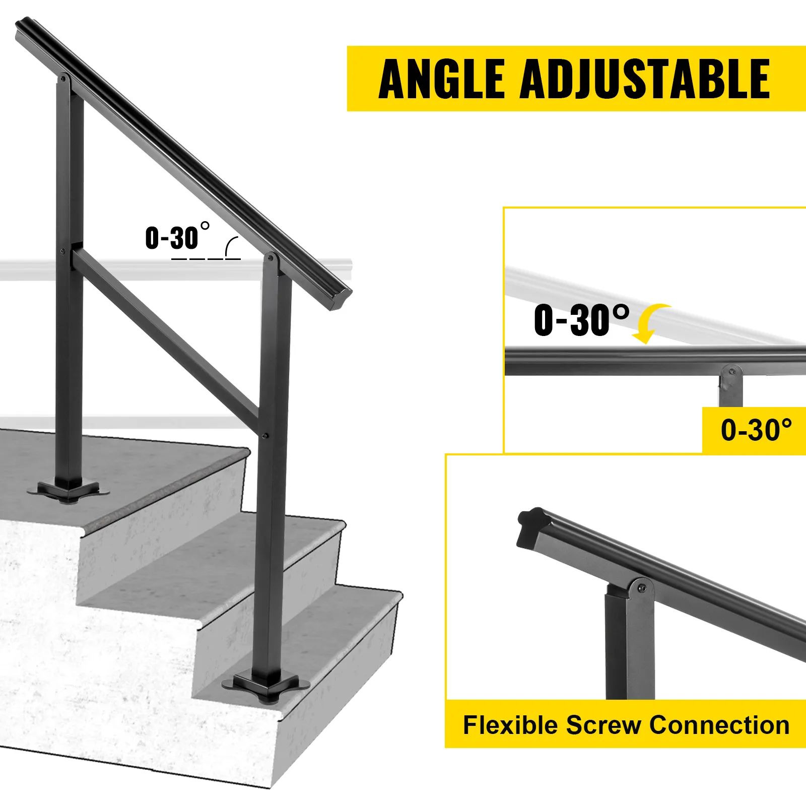 VEVOR Außenhandlauf an Treppen mit einstellbarem Winkel und flexibler Schraubverbindung.