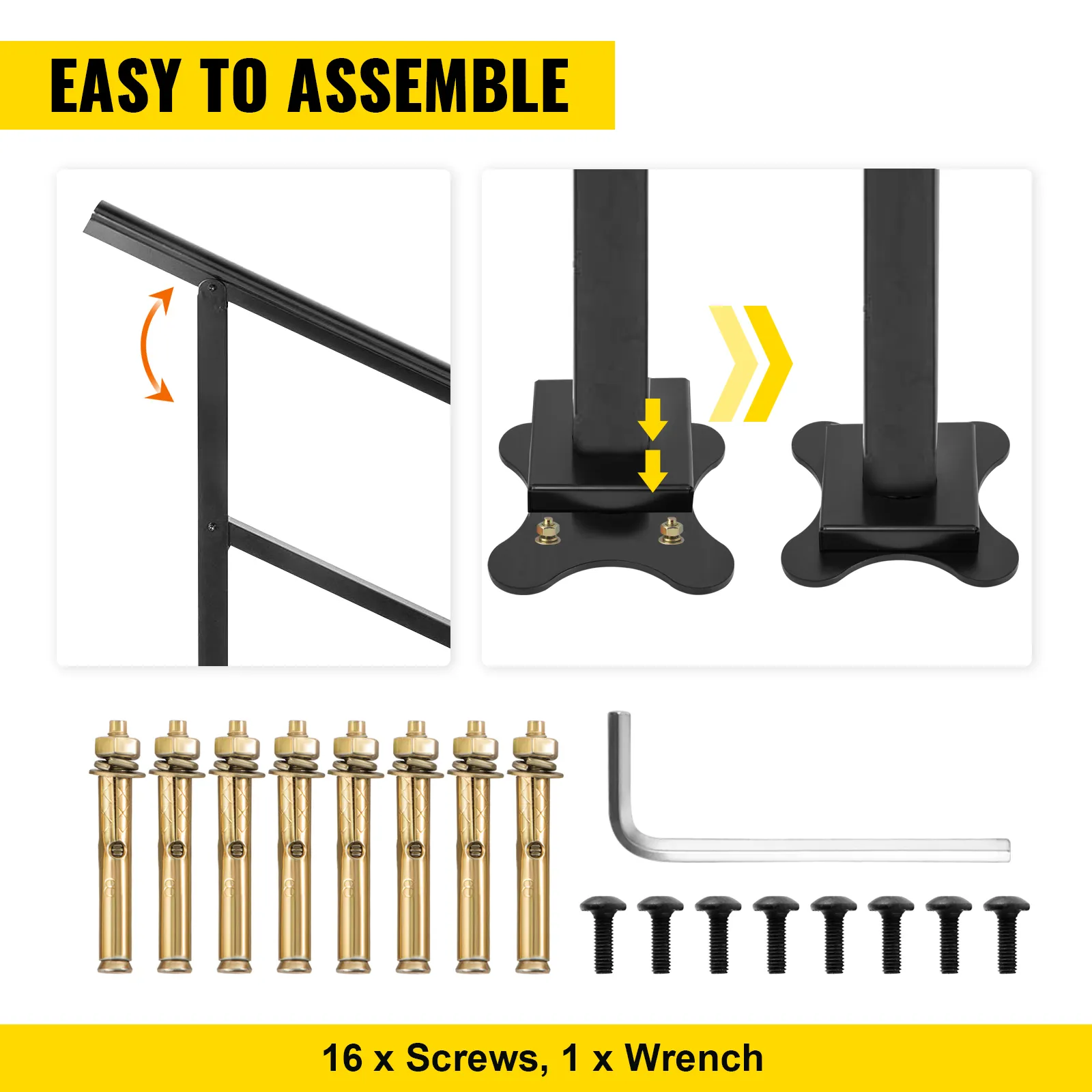 VEVOR-Handlauf-Set für den Außenbereich mit Schrauben und Schraubenschlüssel, einfache Montageschritte abgebildet.