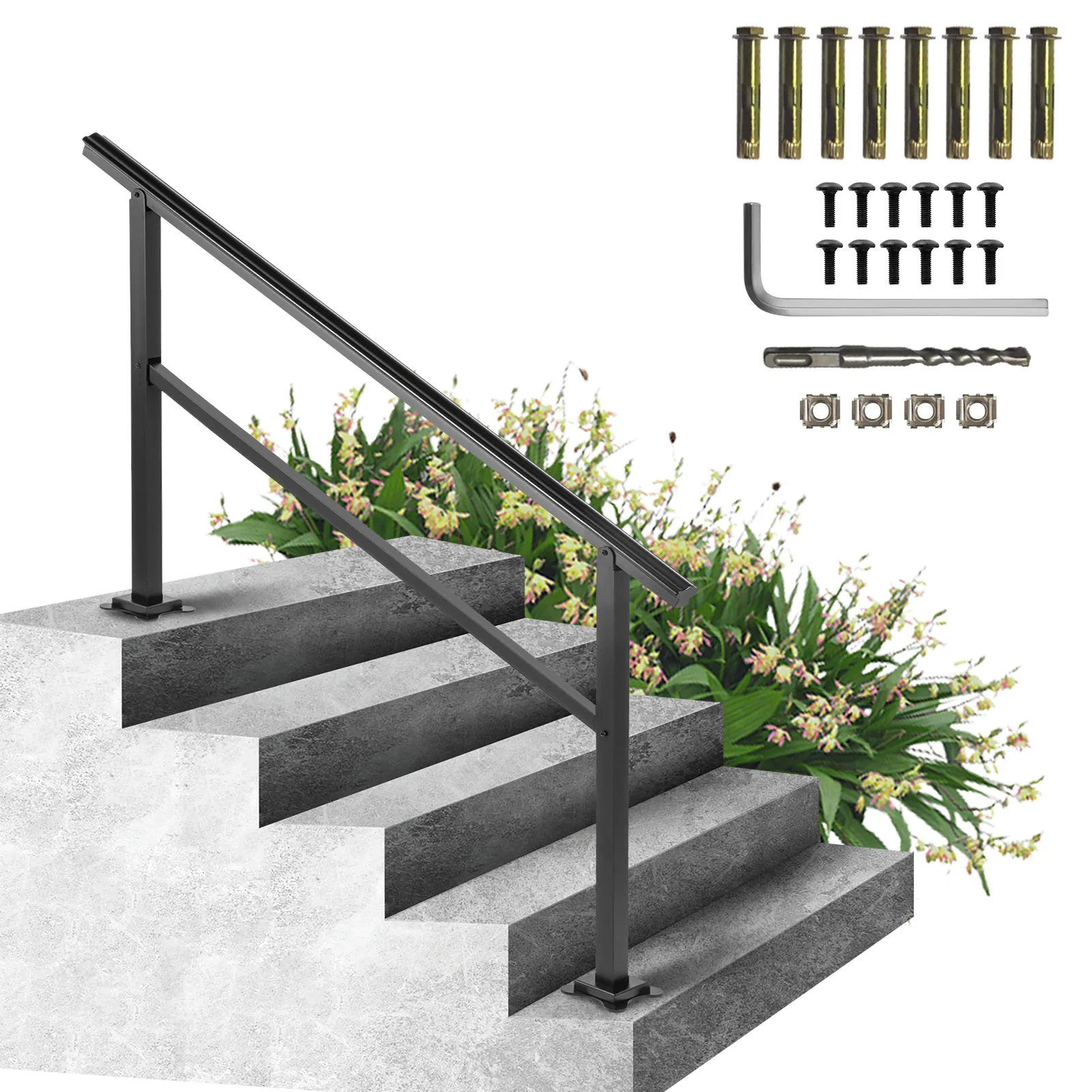 VEVOR outdoor handrail on concrete steps with installation hardware and flowers in the background.