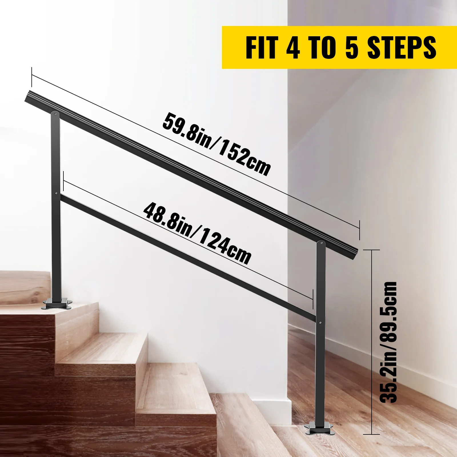 VEVOR outdoor handrail fits 4 to 5 steps, dimensions 59.8in/152cm, 48.8in/124cm, 35.2in/89.5cm.