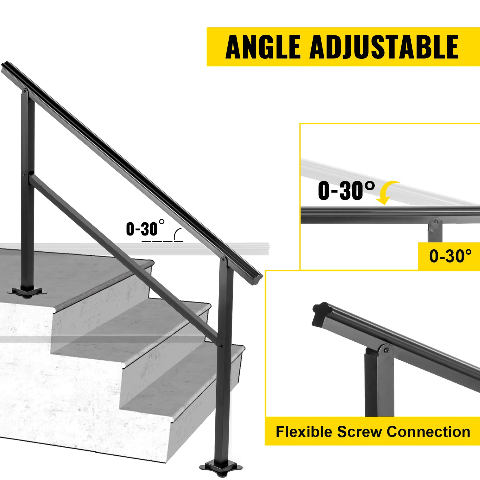 VEVOR outdoor handrail with 0-30° angle adjustment and flexible screw connection.