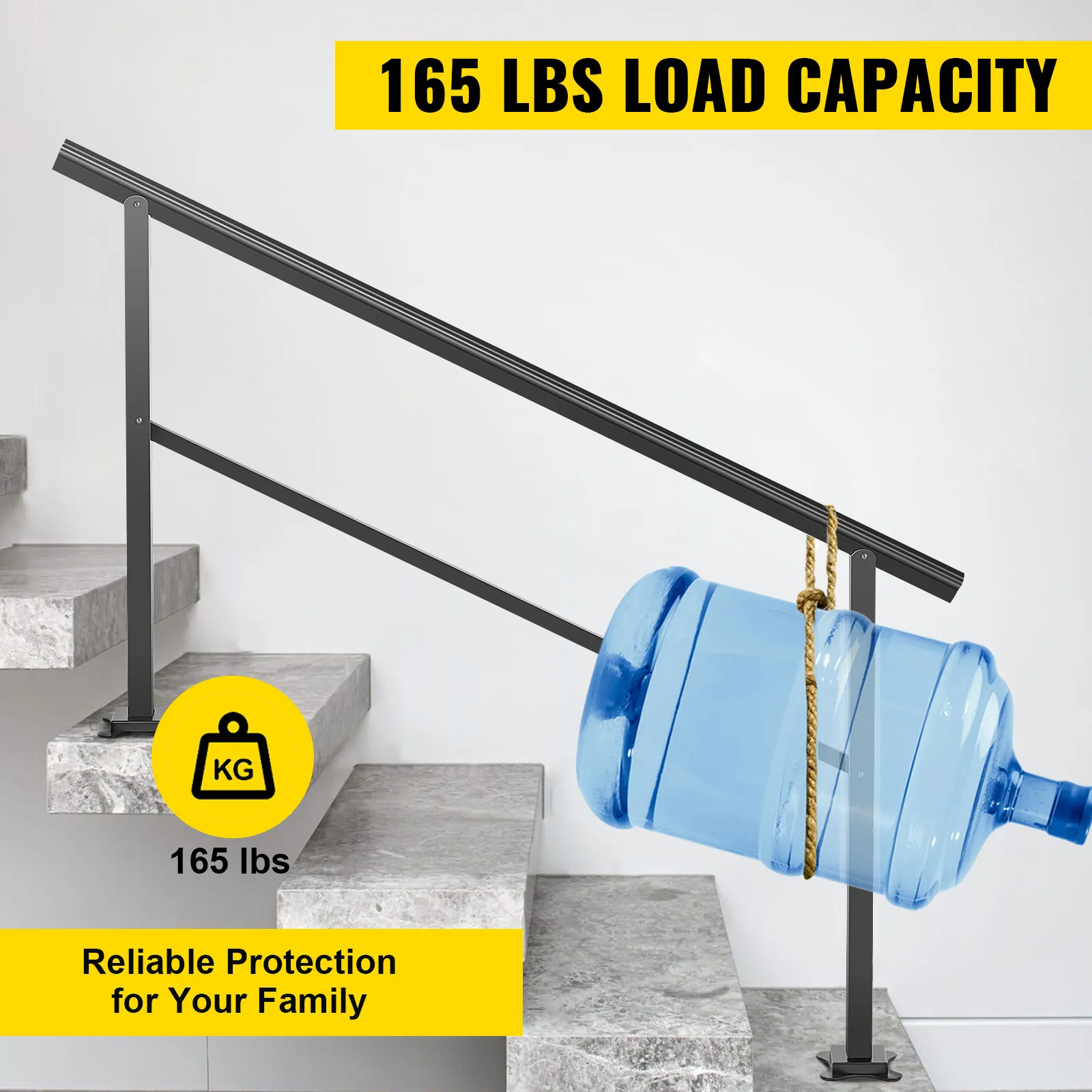 VEVOR outdoor handrail on stone steps, 165 lbs load capacity, reliable family protection.