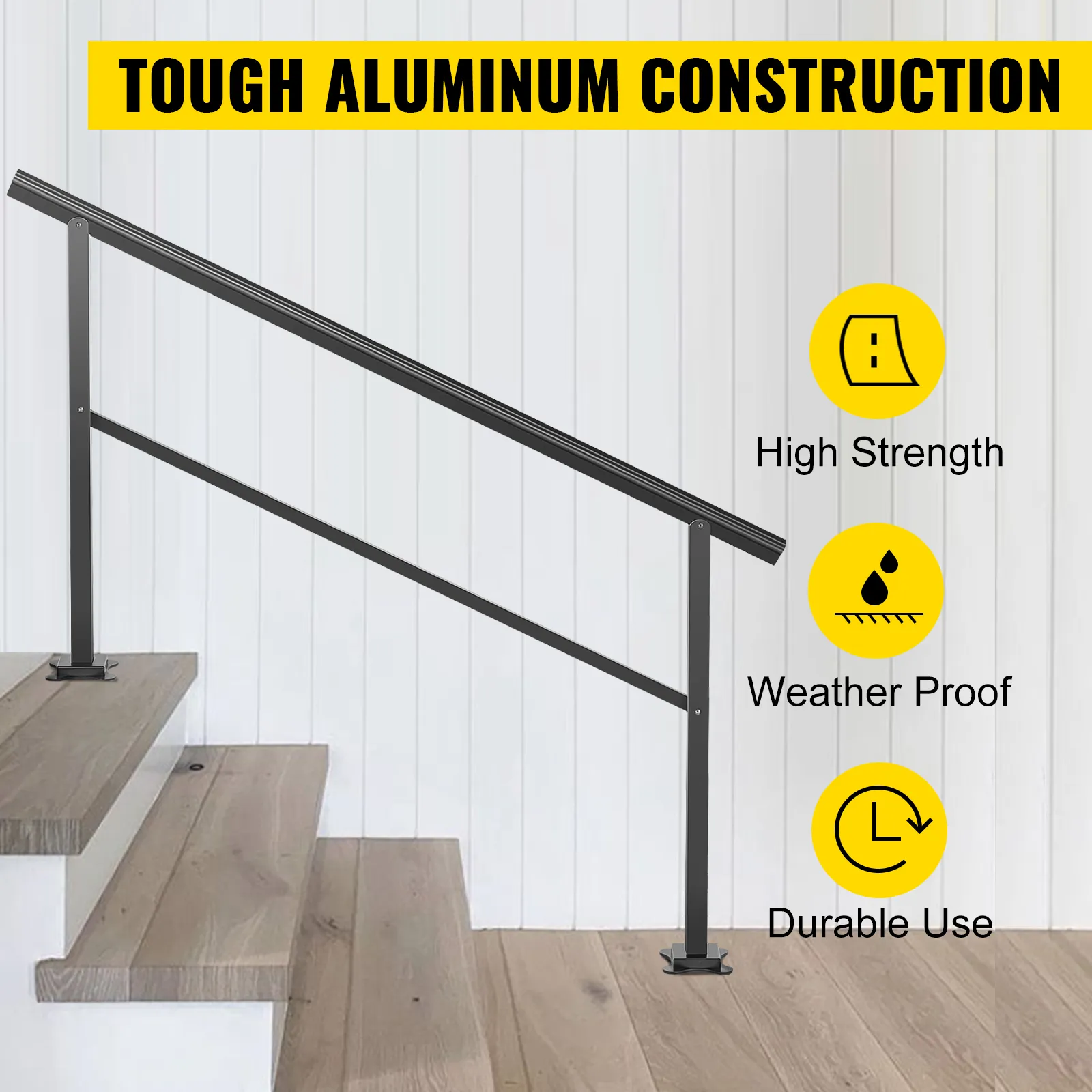 VEVOR outdoor handrail on wooden steps; high strength, weatherproof, durable use.