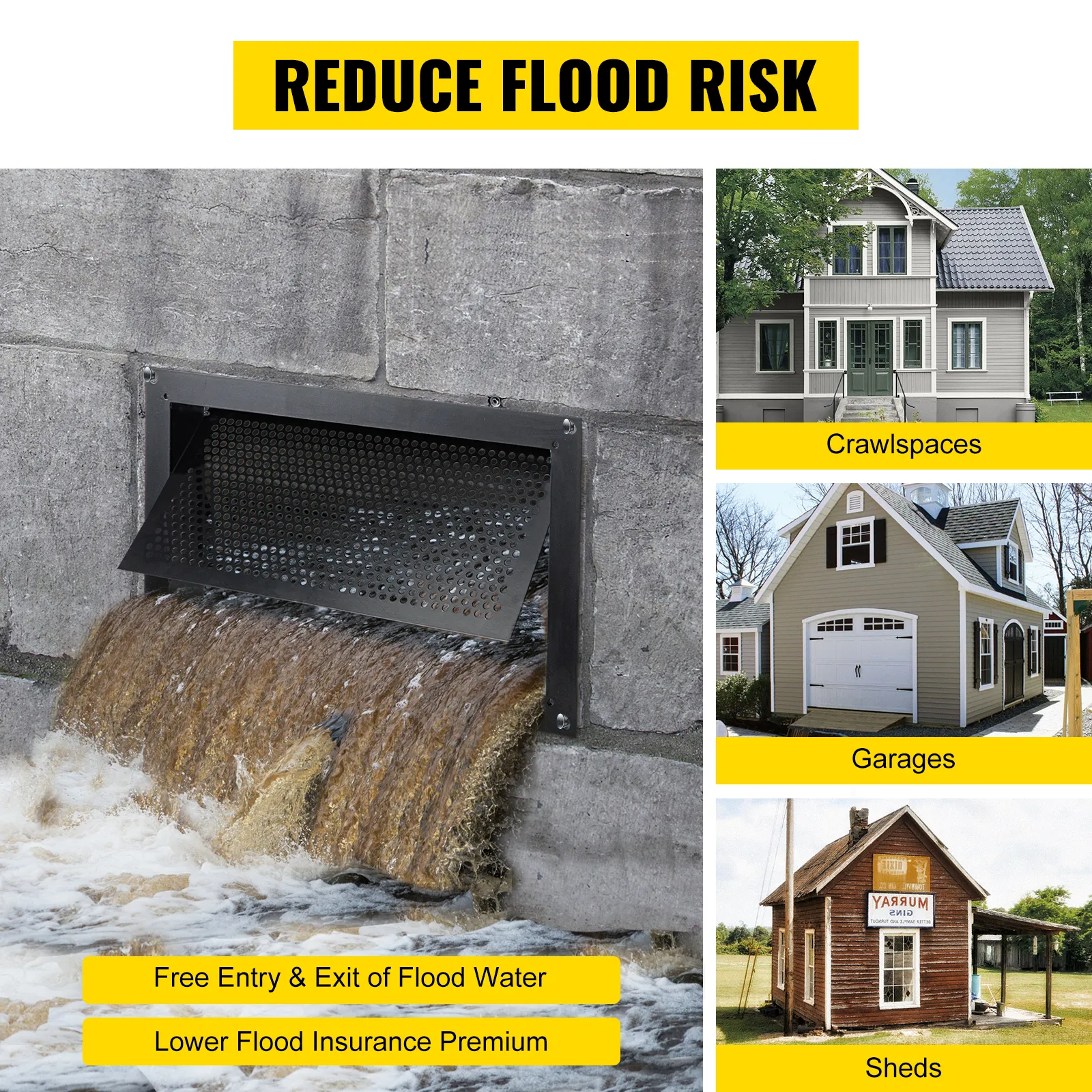 VEVOR flood vent aiding crawlspaces, garages, and sheds in reducing flood risks.
