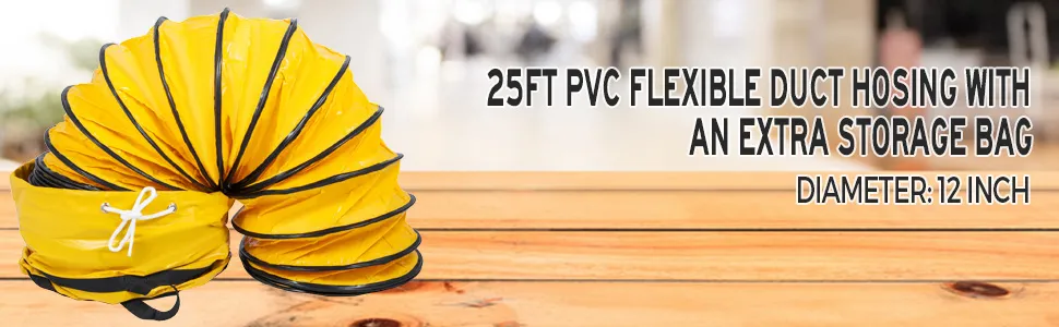 yellow VEVOR flexible duct hose on wooden surface with storage bag, 25ft, 12 inch diameter.