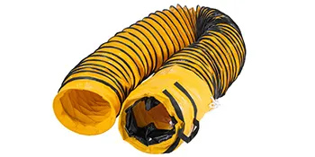 yellow and black spiraled VEVOR flexible duct hose coiled and extended for ventilation.
