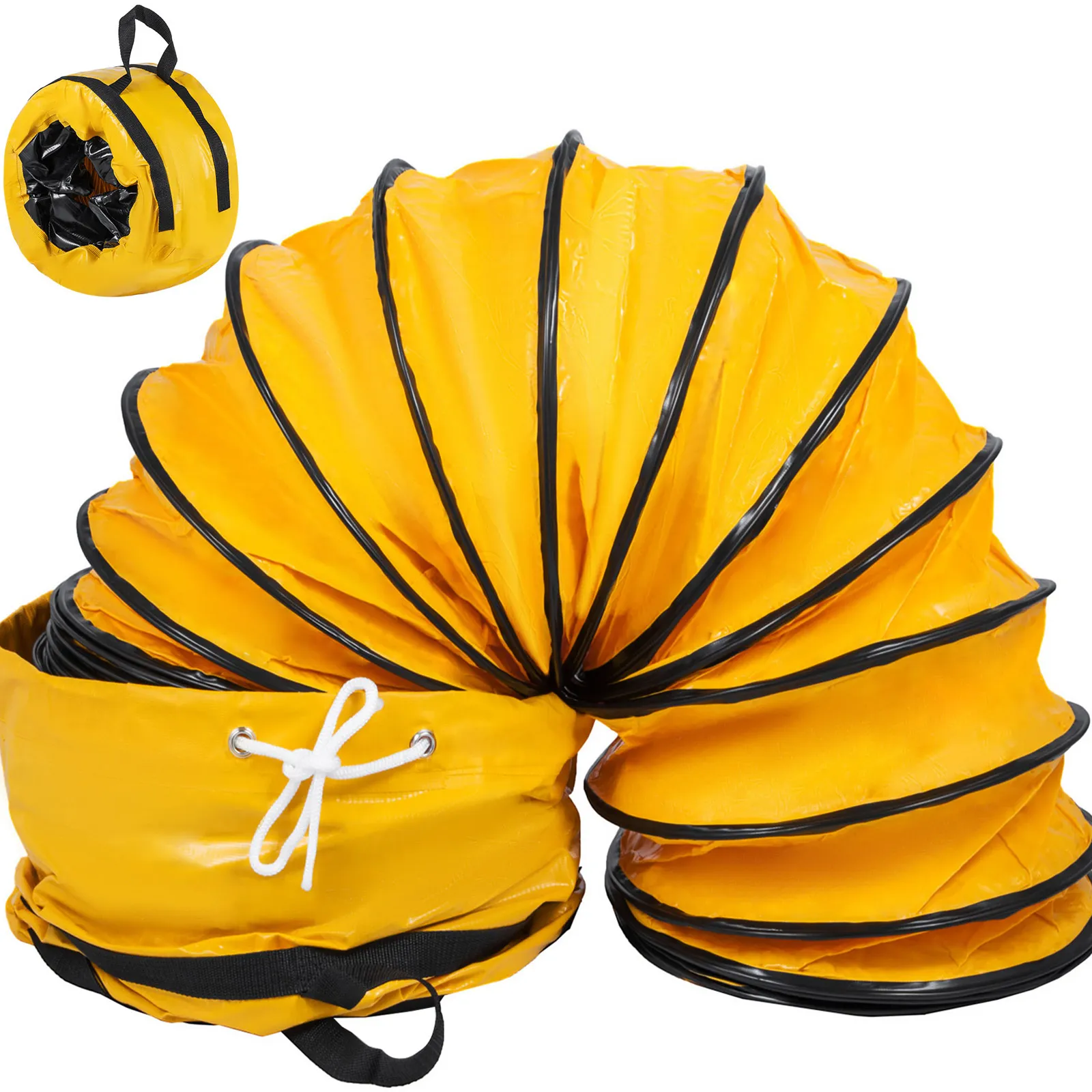 yellow VEVOR flexible duct hose with black rings and tie straps, shown open and rolled up.