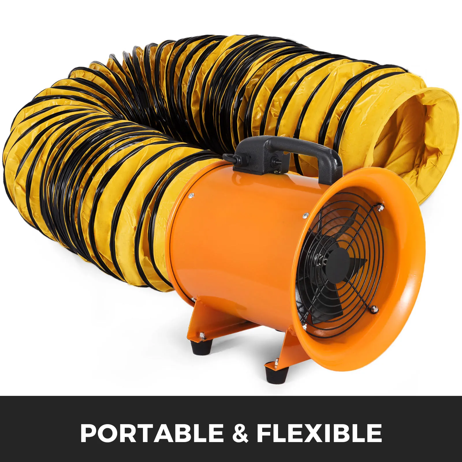 orange fan with yellow VEVOR flexible duct hose, labeled "portable & flexible".