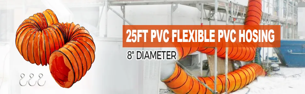 VEVOR ducting hose in orange, 25ft pvc flexible hose, 8" diameter, outdoor setup.