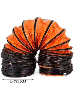 orange VEVOR ducting hose coiled with black stripes, measures 8.4"/21.5cm in diameter.