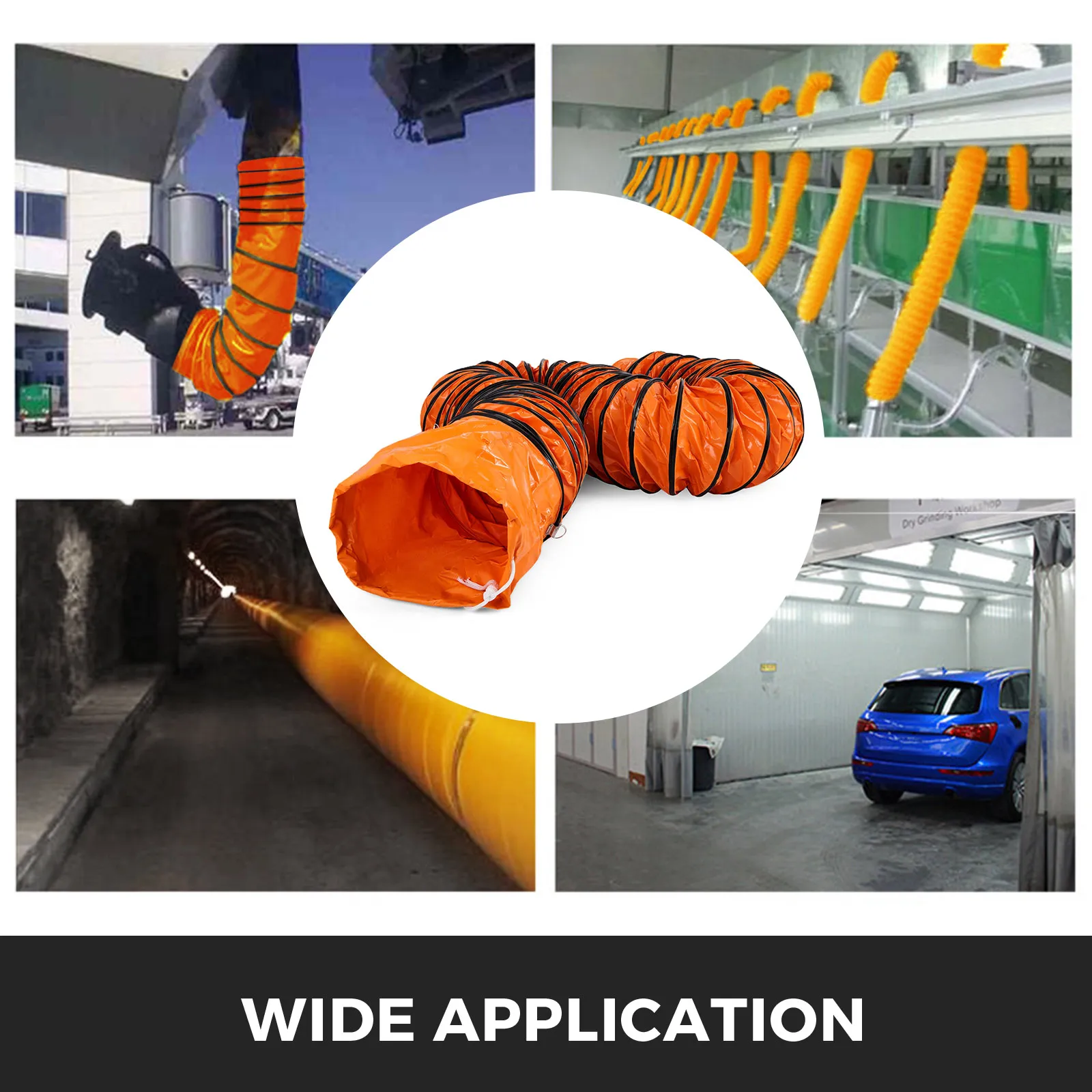 VEVOR ducting hose in various applications: construction, ventilation, tunnel, and car shop.