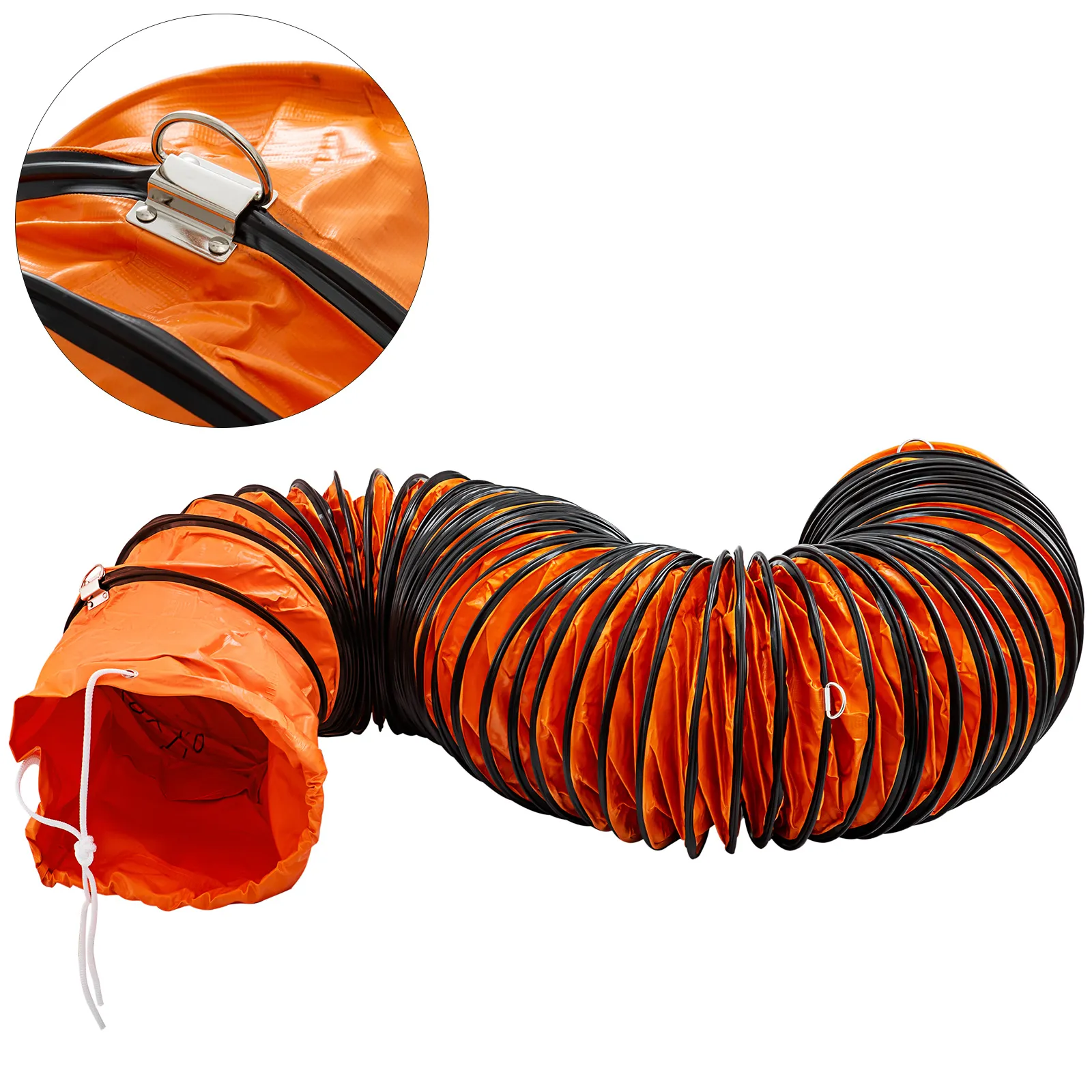 orange VEVOR hvac ducting hose with close-up of a metal clip.