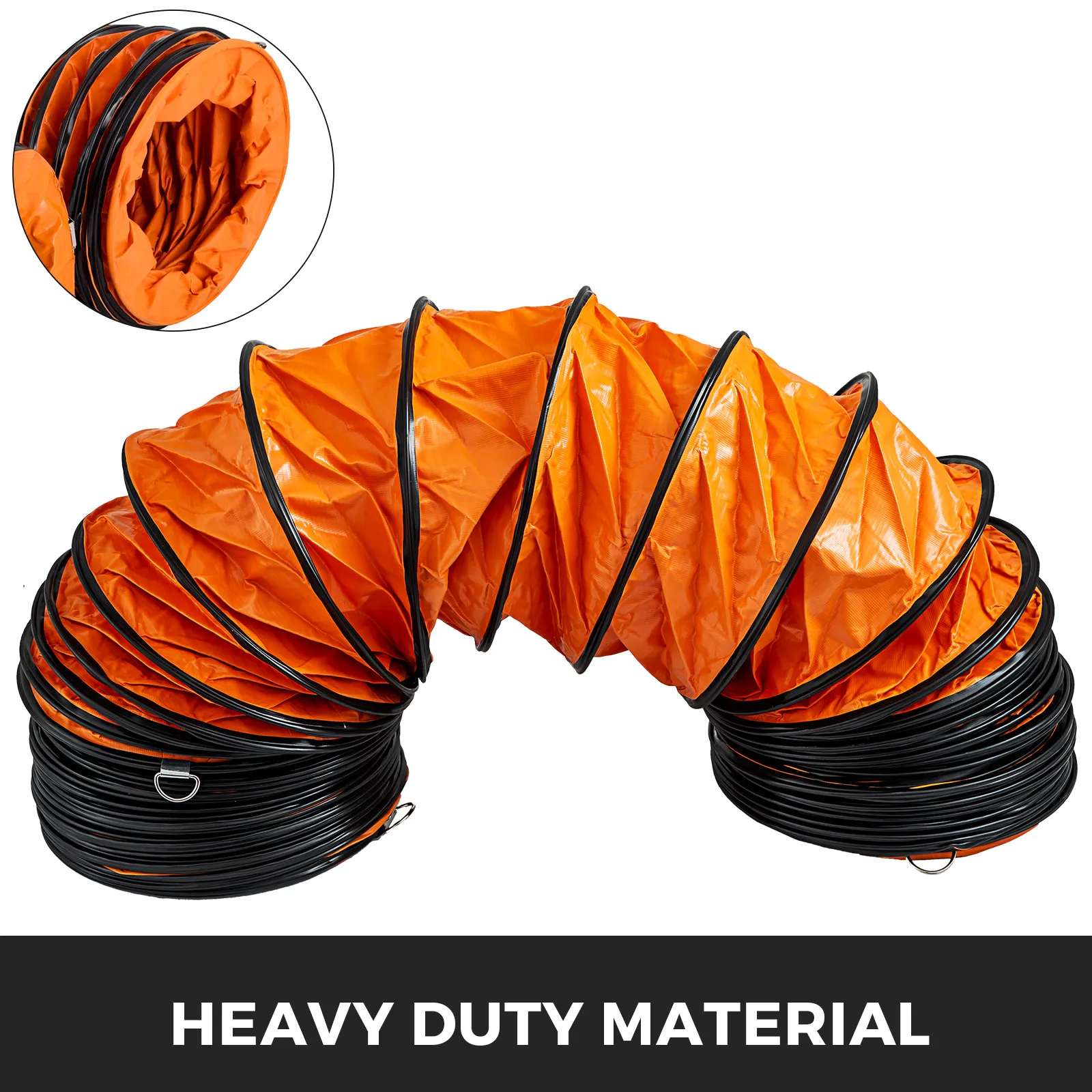 VEVOR hvac ducting hose in bright orange and black, labeled "heavy duty material".