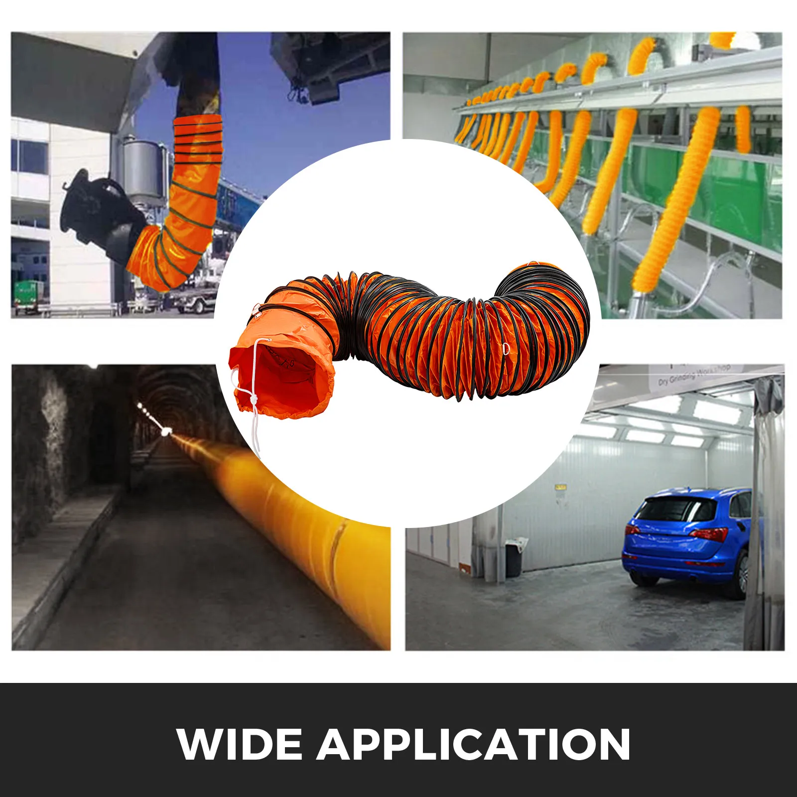 VEVOR hvac ducting hose in various industrial applications, including tunnels and workshops.