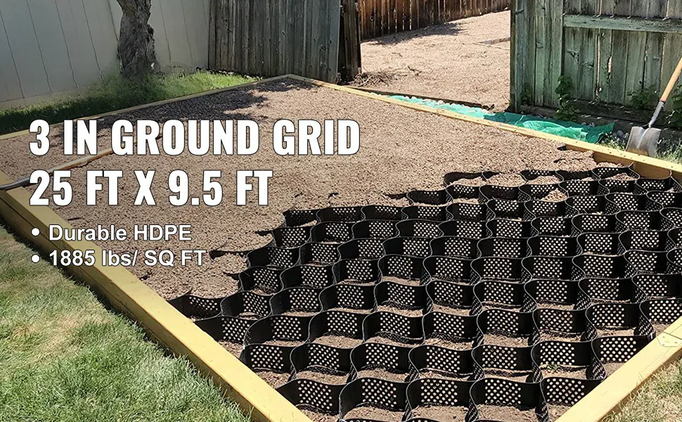 VEVOR ground grid installation showcasing its 3-inch depth and 25 x 9.5 ft size.