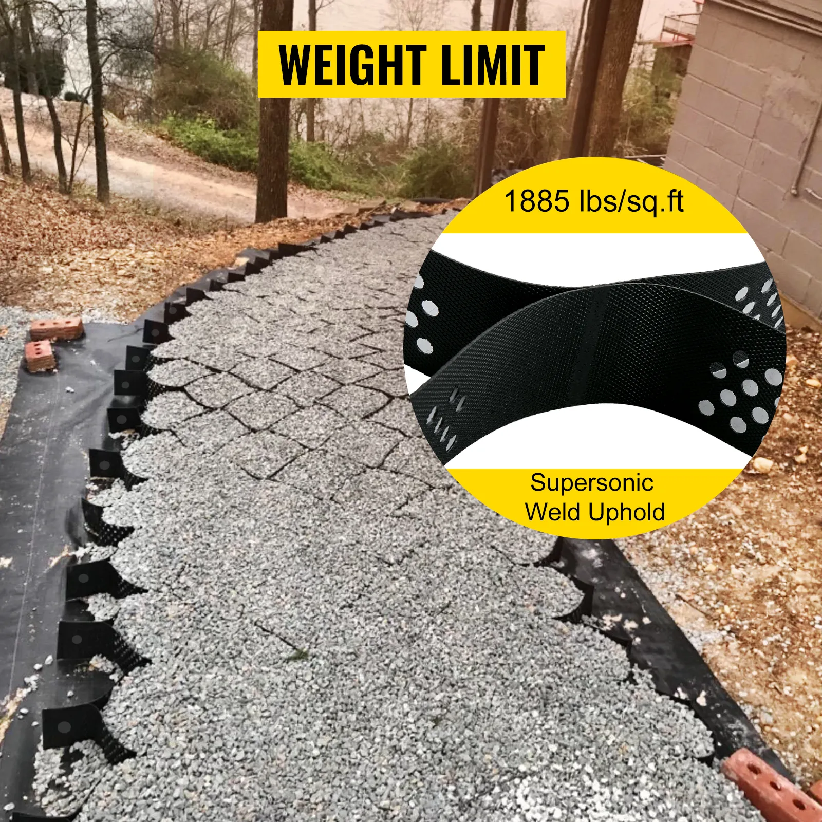 VEVOR ground grid installation with gravel, weight limit 1885 lbs/sq.ft, supersonic weld.