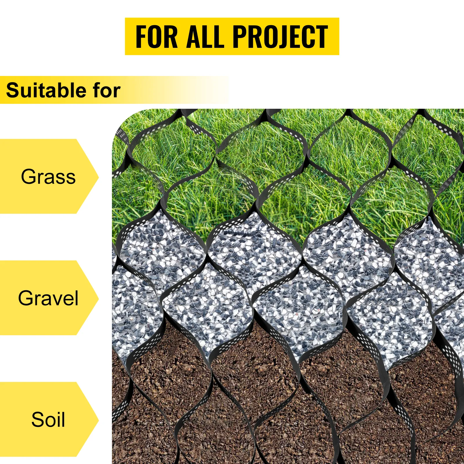 VEVOR ground grid suitable for grass, gravel, and soil projects.