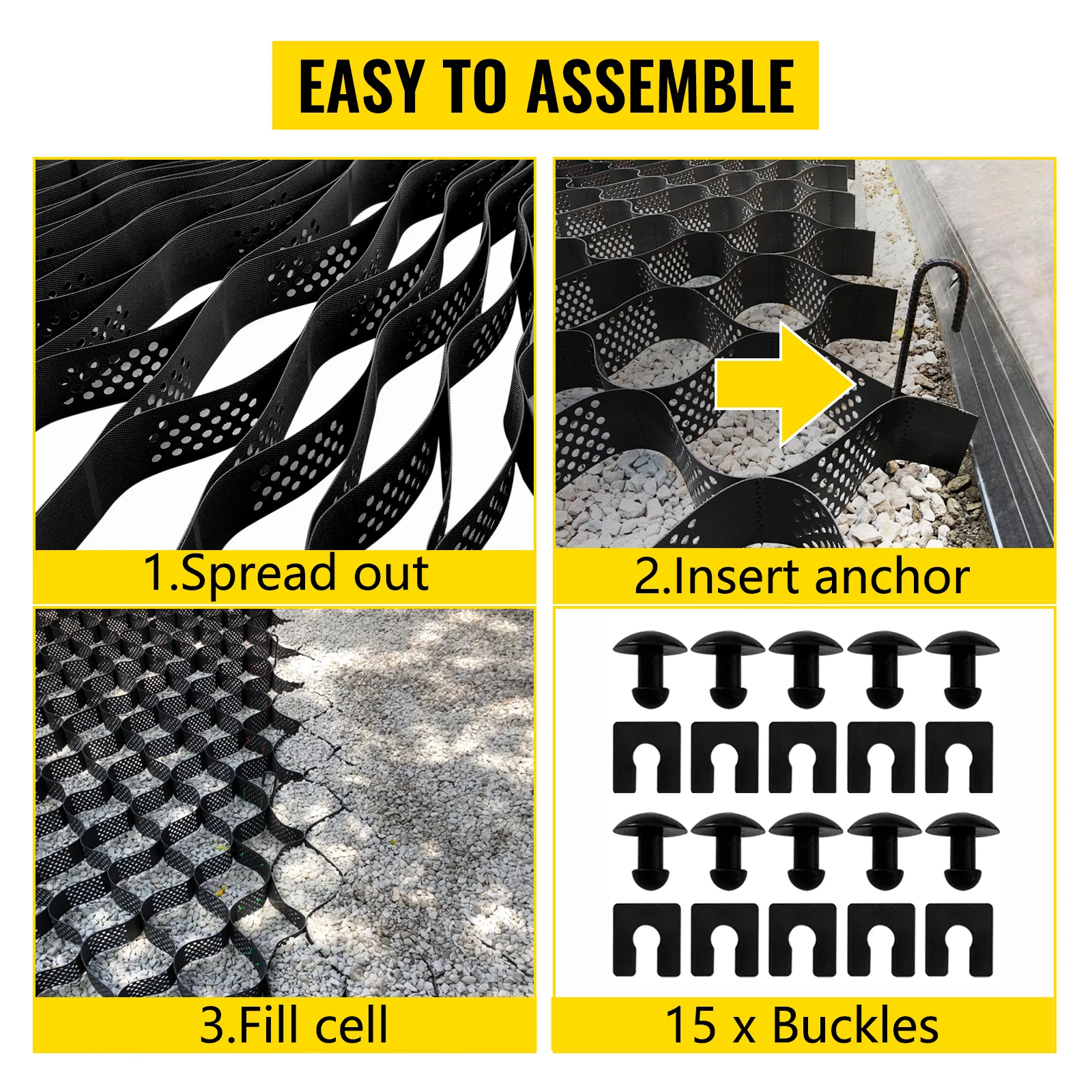 easy assembly steps for VEVOR ground grid: spread out, insert anchor, fill cell, add 15 buckles.
