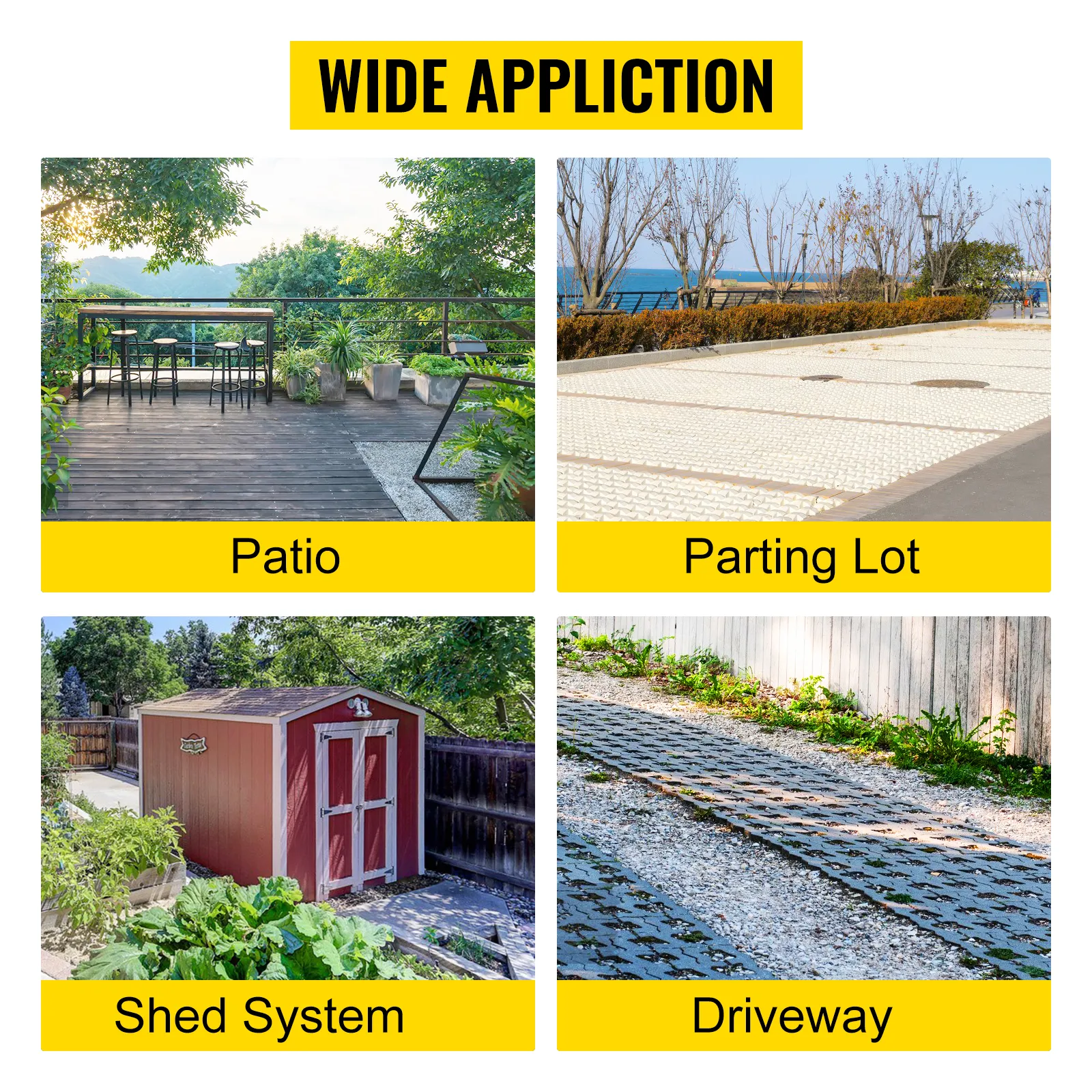 VEVOR ground grid applications: patio, parking lot, shed system, driveway.