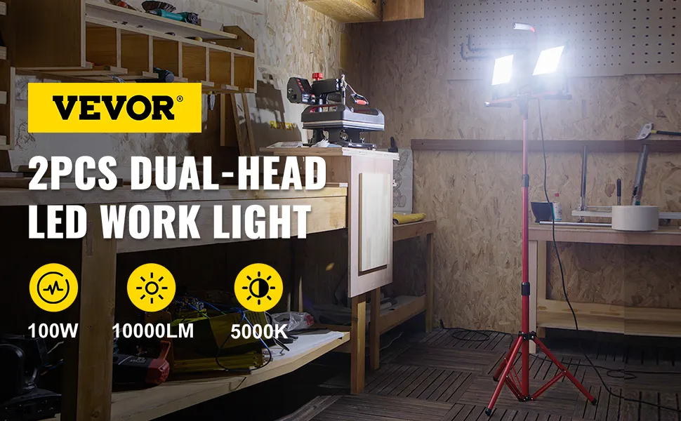VEVOR 2pcs dual-head led work light illuminating a workshop with tools and shelves.